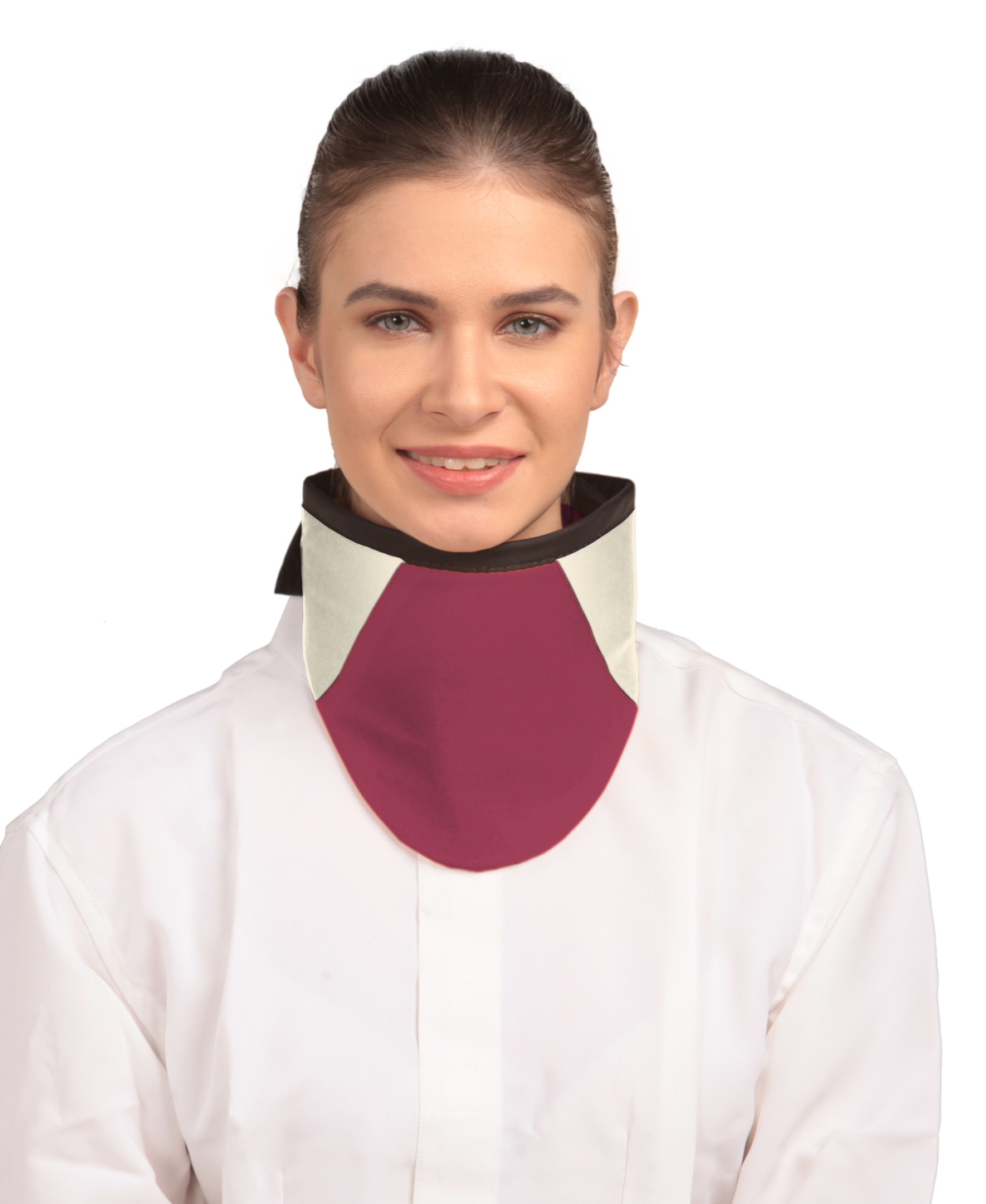 Frontal view of a model wearing a high-neck thyroid collar. The thyroid collar is Bordeaux red with beige color accents by the left and right sides from top to bottom.