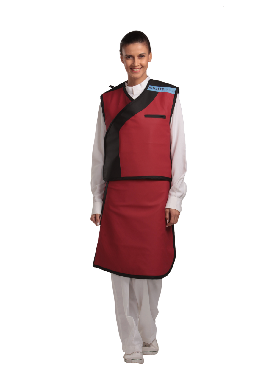 Full frontal view of a female model wearing a Bordeaux red radiation protection skirt and vest. The vest is Bordeaux red with black lines around the left edge.