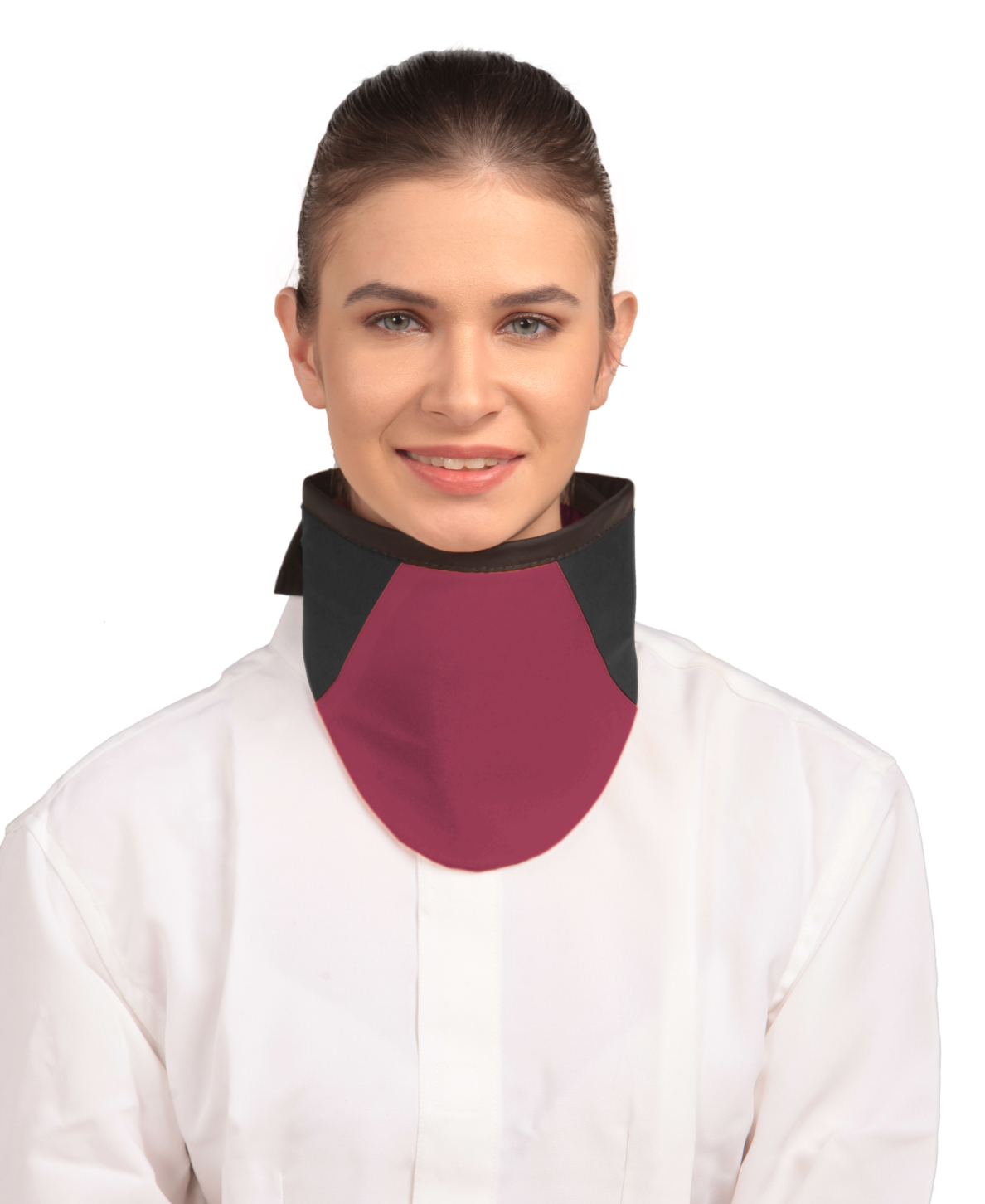 Frontal view of a model wearing a high-neck thyroid collar. The thyroid collar is Bordeaux red with black color accents by the left and right sides from top to bottom.