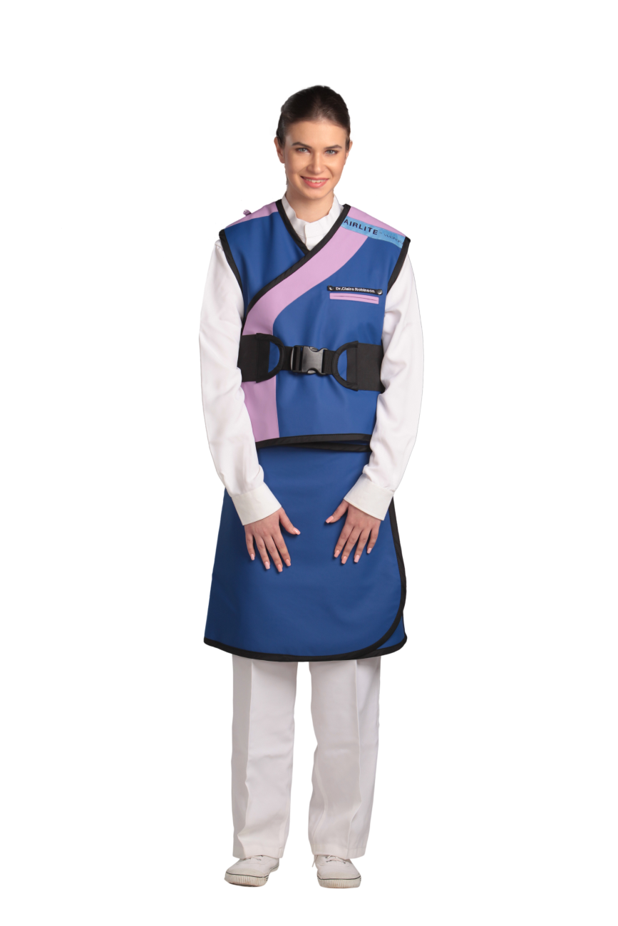 Full frontal view of a female model wearing a Electric blue radiation protection skirt and vest. The vest is Electric blue with lilac lines around the left edge. The vest is fastened to the front with paracord buckles.