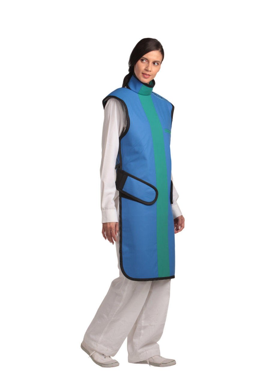 Frontal right-side view of a female model wearing a coat apron with an integrated thyroid guard. The apron is royal blue in color with an ocean green center line and has velcro fasteners by the sides.