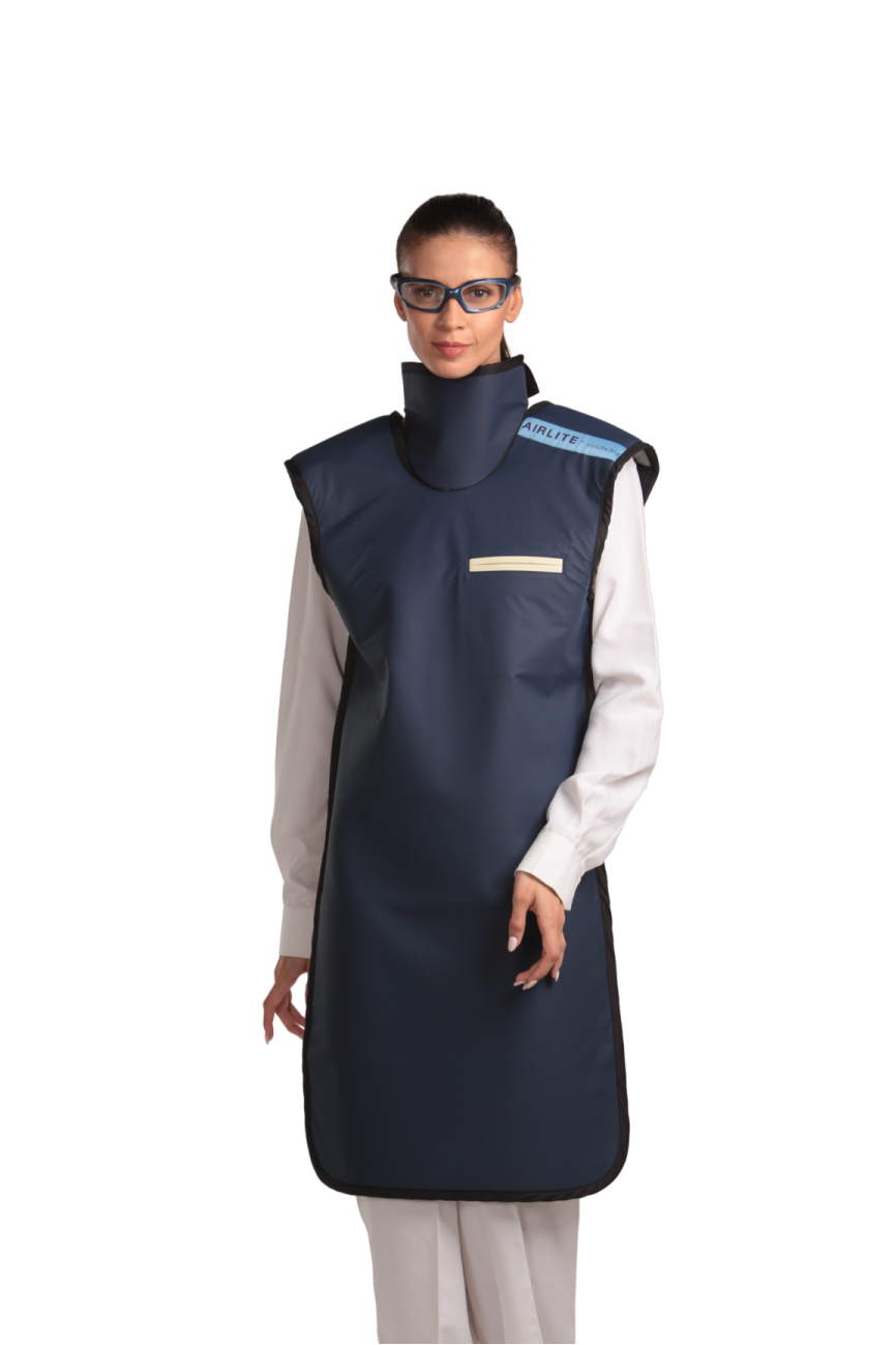 Full frontal view of a female model wearing a radiation protection eyewear and a Navy coat apron with integrated thyroid guard