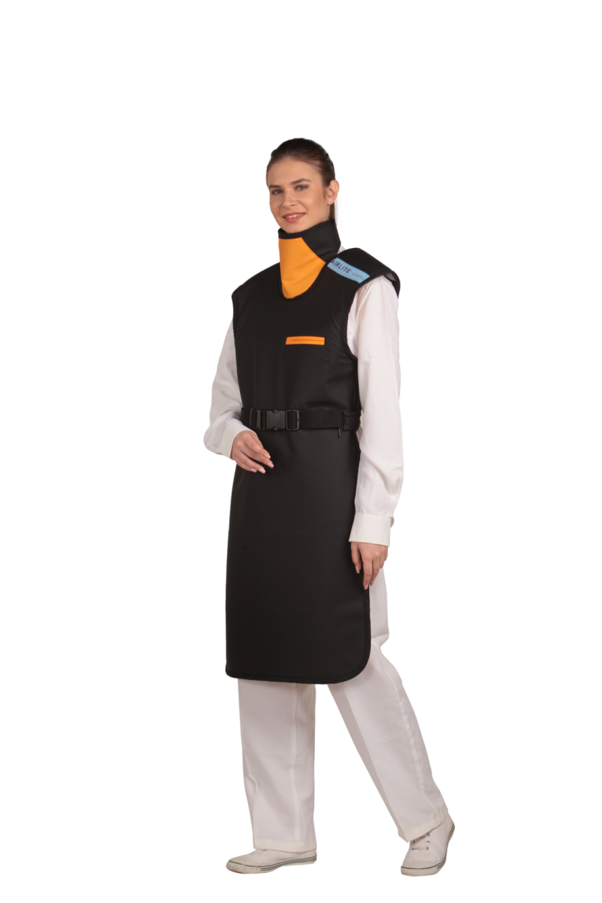 Side frontal view of a model wearing a black coat apron with integrated thyroid collar guard. The apron has paracord buckles fastened to the front.