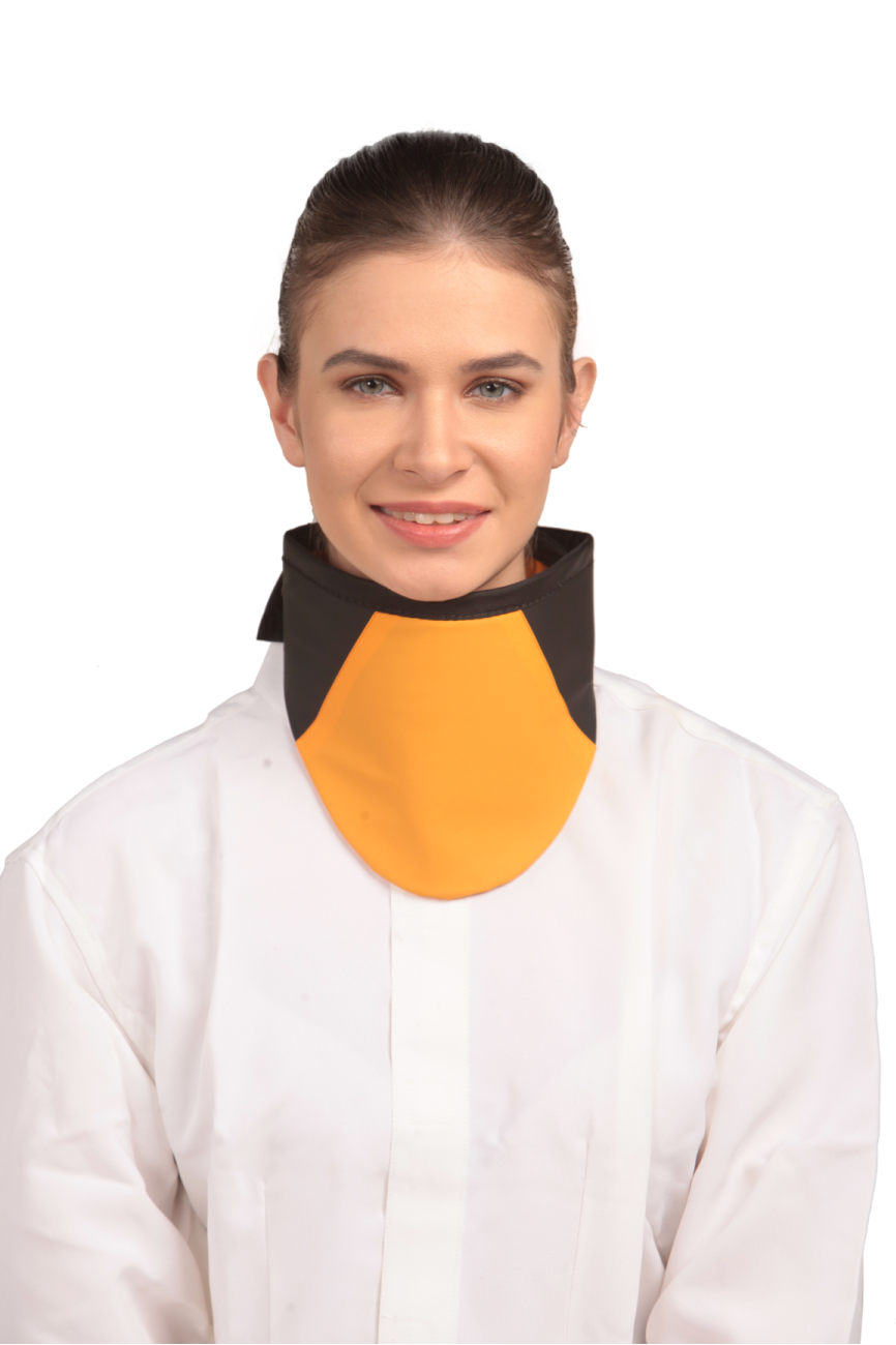 Frontal view of a model wearing a high-neck thyroid collar. The thyroid collar is yellow with black accents by the left and right sides from top to bottom. 