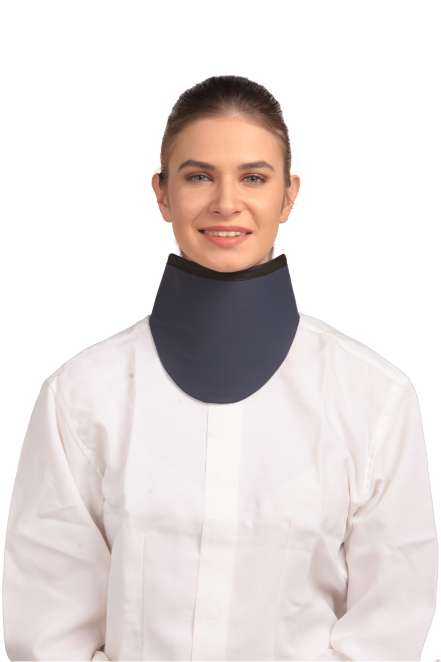 Frontal view of a model wearing a Navy color high-neck thyroid collar.