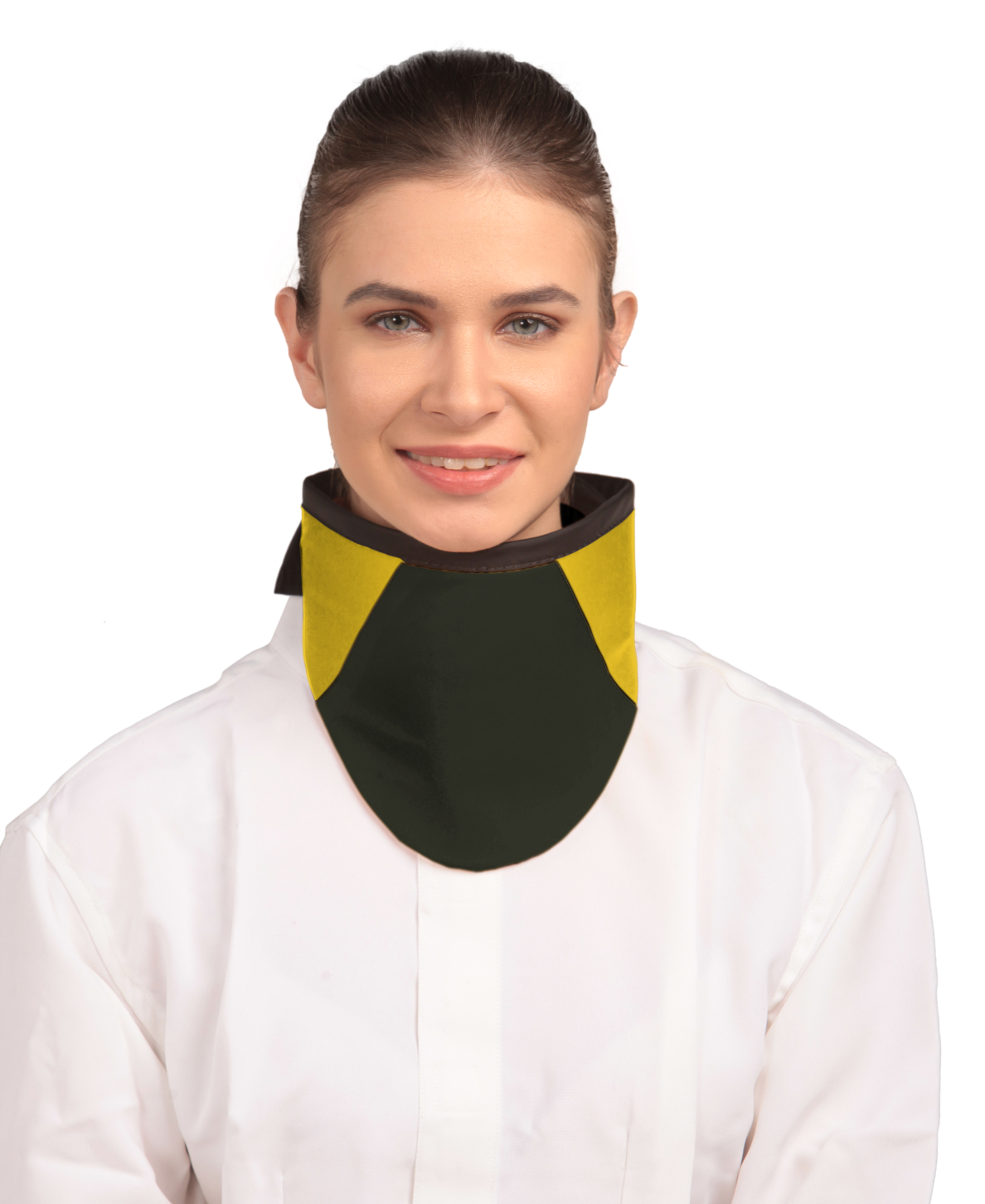 Frontal view of a model wearing a high-neck thyroid collar. The thyroid collar is Jet black with yellow color accents by the left and right sides from top to bottom.