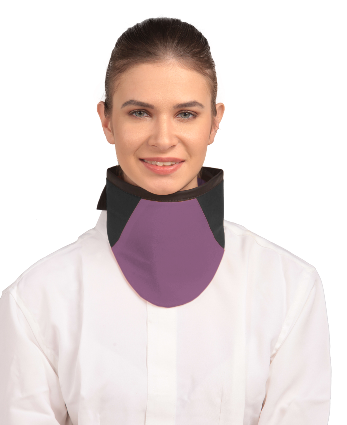 Frontal view of a model wearing a high-neck thyroid collar. The thyroid collar is mauve with black color accents by the left and right sides from top to bottom.