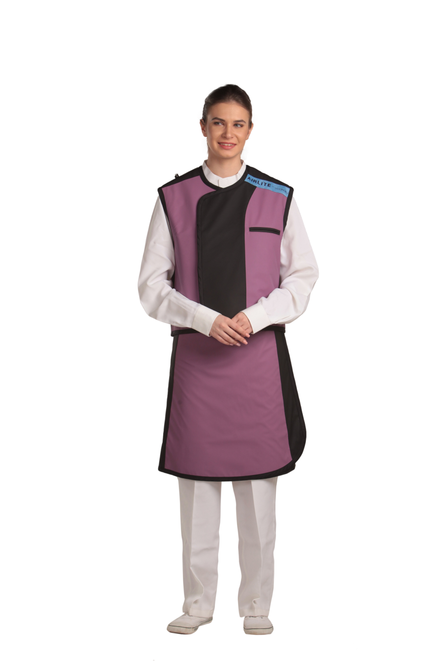 Full frontal view of a female model wearing a mauve radiation protection skirt and vest. The vest is mauve with Jet black lines around the left and right edges. 