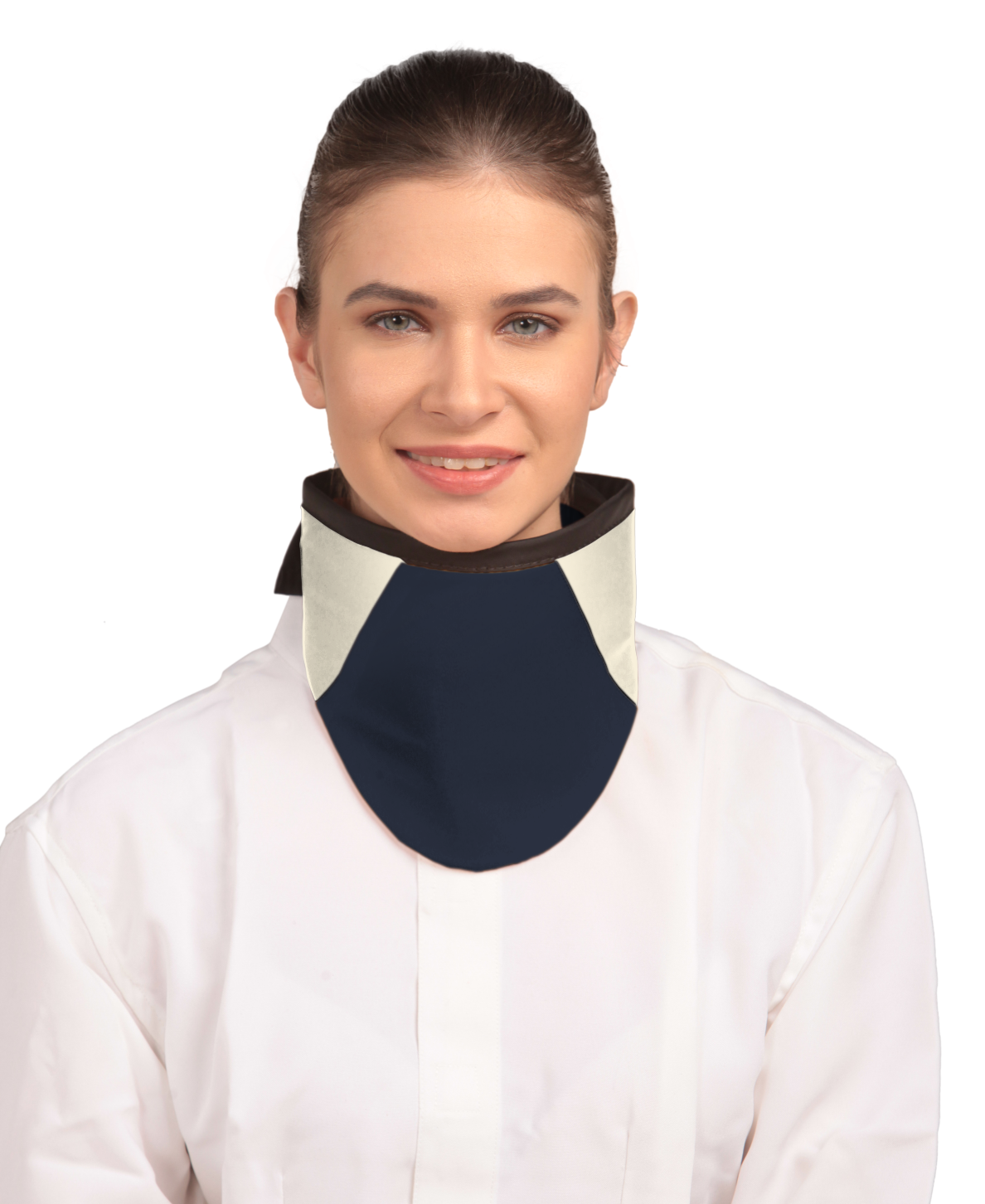 Frontal view of a model wearing a high-neck thyroid collar. The thyroid collar is Navy with beige color accents by the left and right sides from top to bottom.