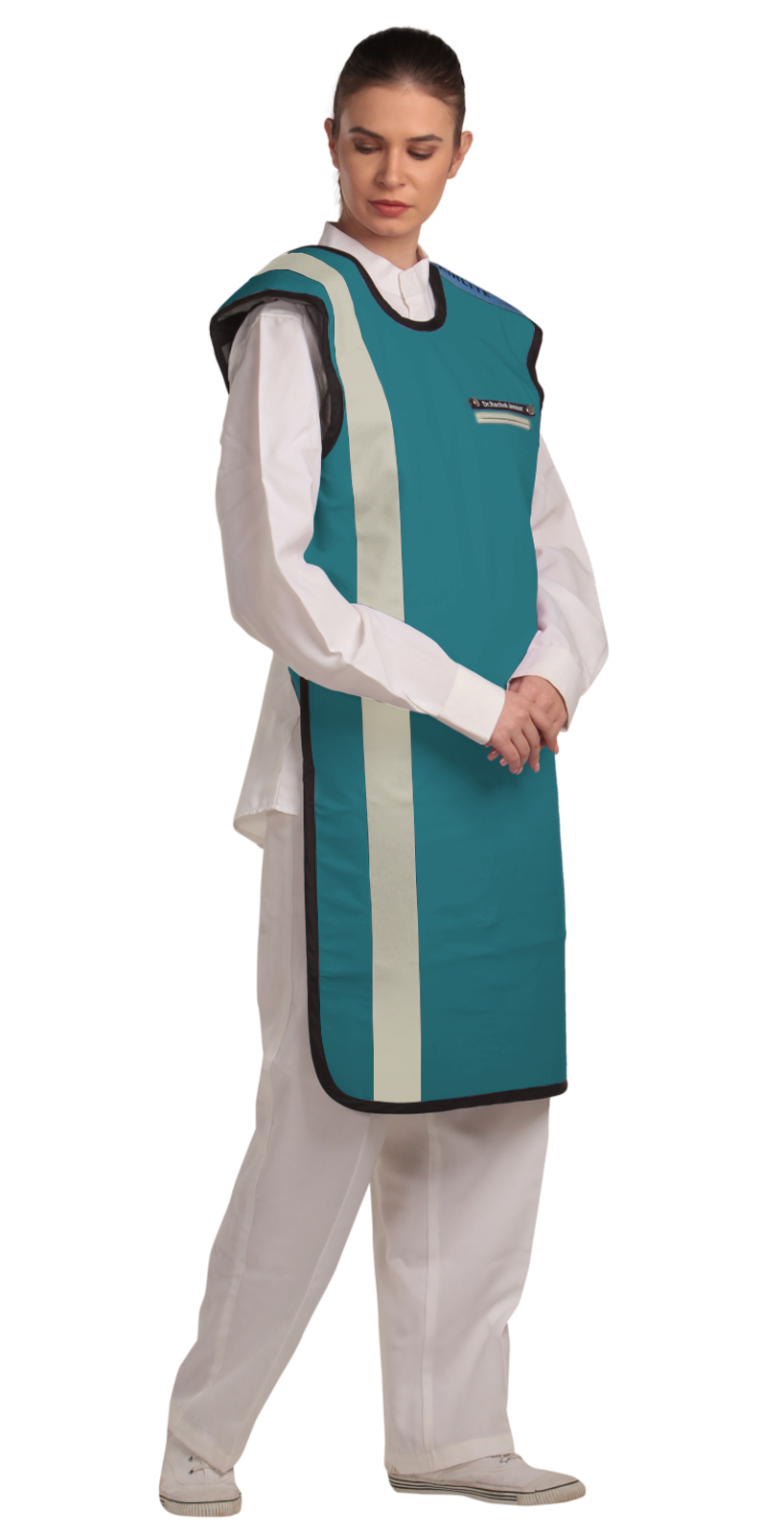 Right partial frontal view of a female model wearing an ocean green, beige-lined coat apron with flex back.