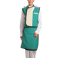 Full frontal view of a female model wearing an ocean green radiation protection skirt and vest. The vest is ocean green with beige lines around the left edge. 