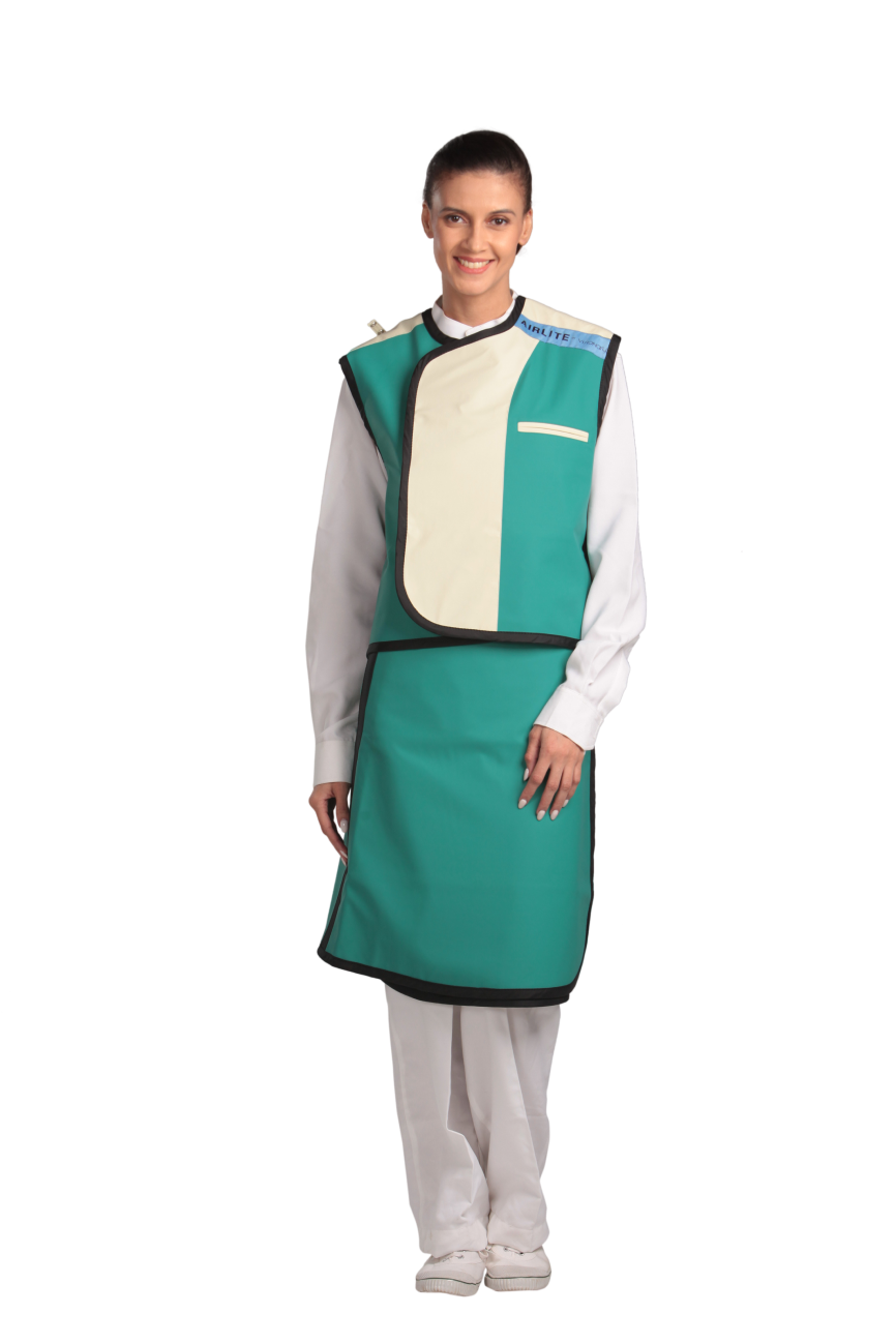 Full frontal view of a female model wearing an ocean green radiation protection skirt and vest. The vest is ocean green with beige lines around the left edge. 