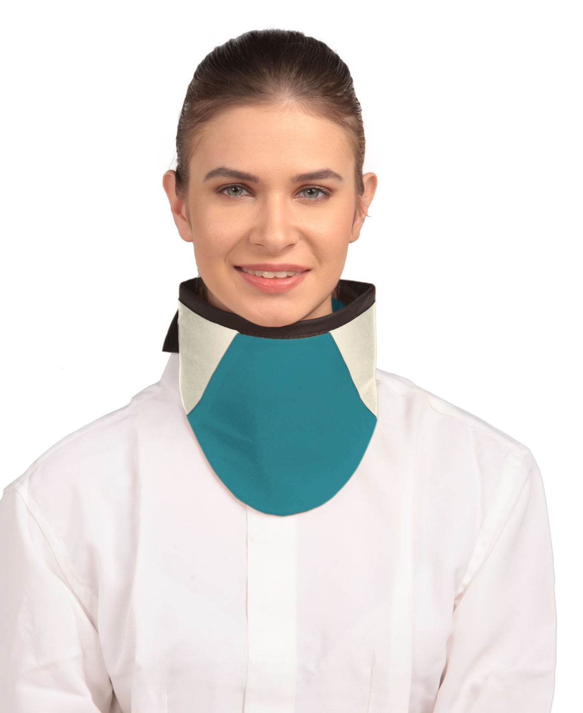 Frontal view of a model wearing a high-neck thyroid collar. The thyroid collar is ocean green with beige color accents by the left and right sides from top to bottom.