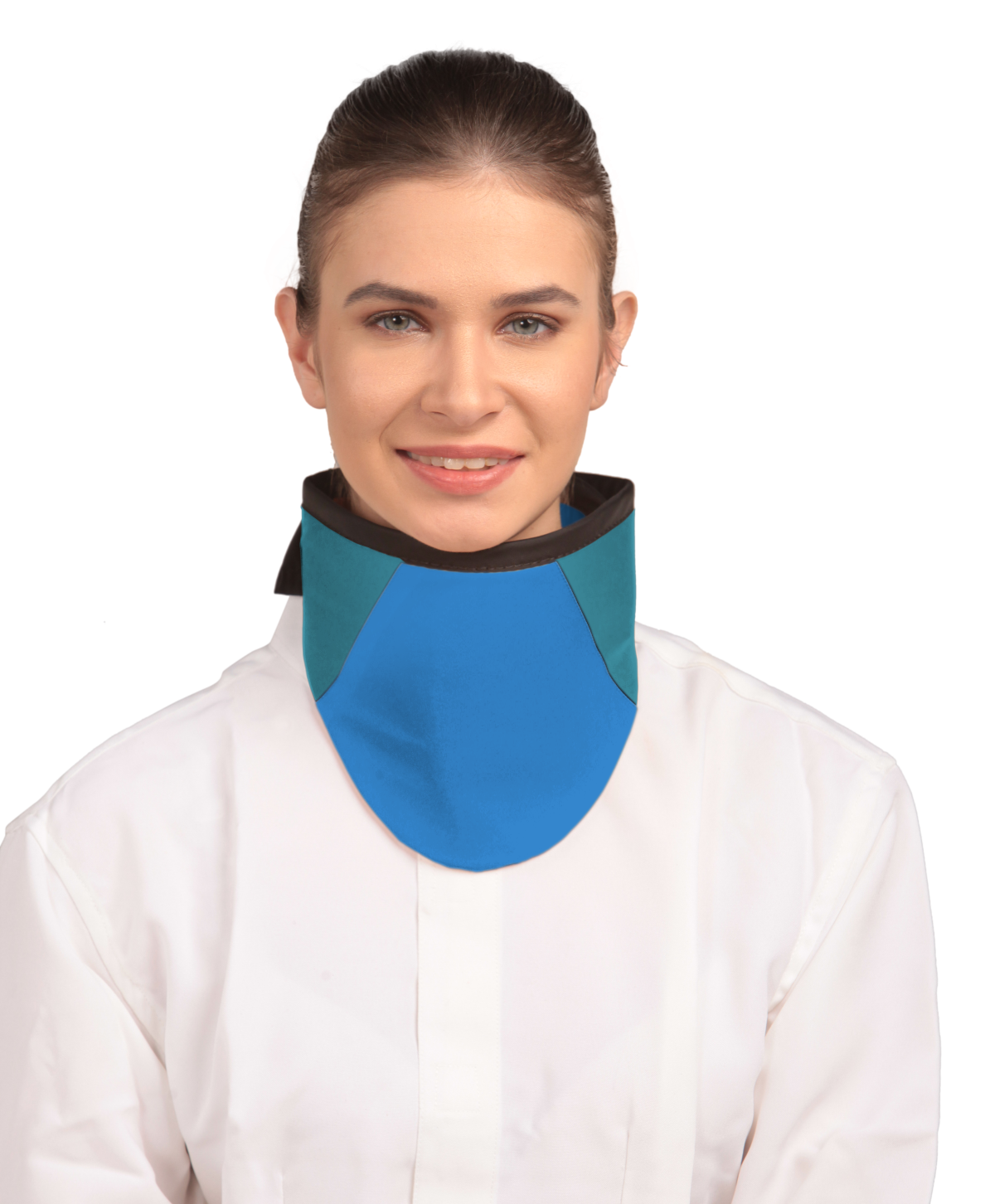 Frontal view of a model wearing a high-neck thyroid collar. The thyroid collar is Royal blue with ocean green color accents by the left and right sides from top to bottom. 