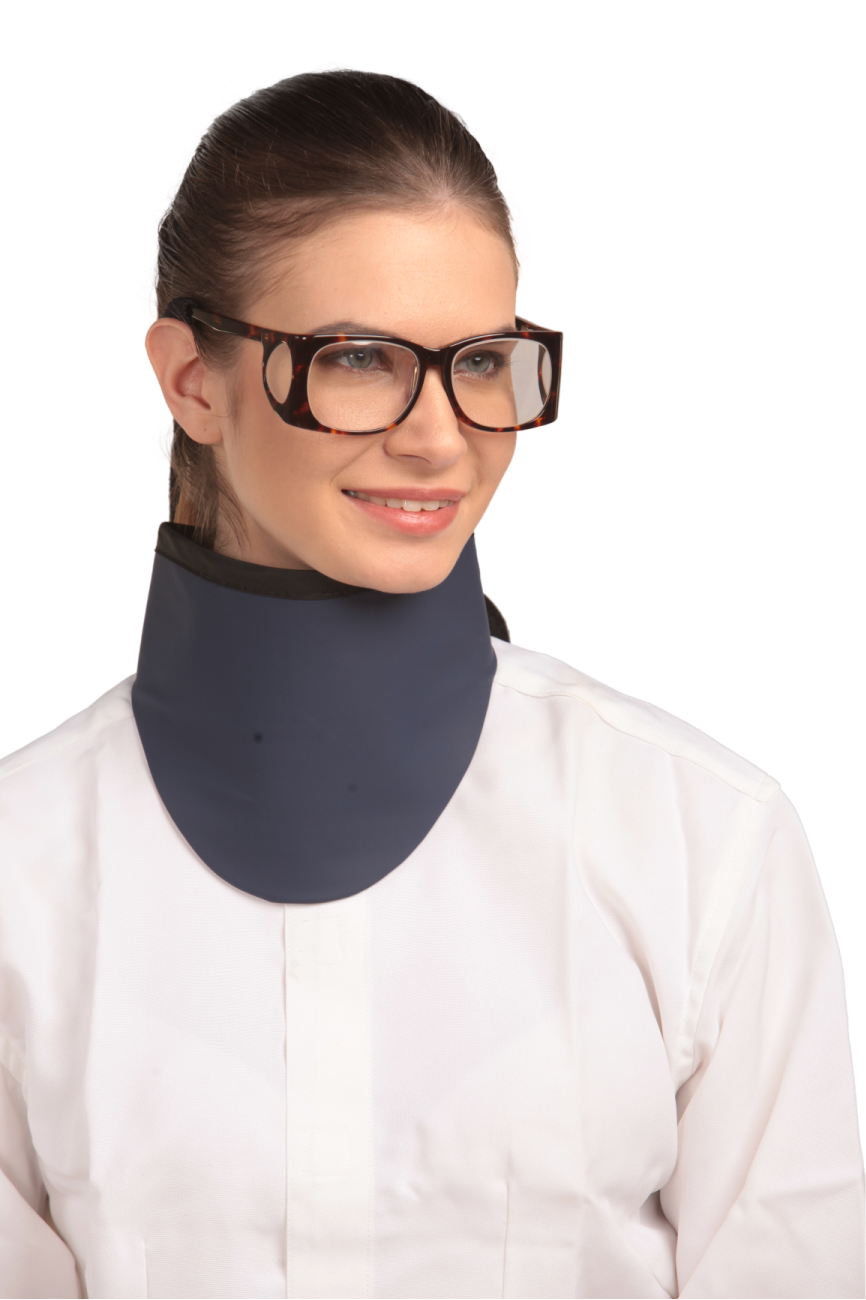 Side frontal view of a model wearing a Navy color high-neck thyroid collar and a radiation protection eyewear.