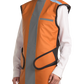 Frontal left-side view of a female model wearing a coat apron with an integrated thyroid guard. The apron is orange with a grey-colored center line and has velcro fasteners by the sides.