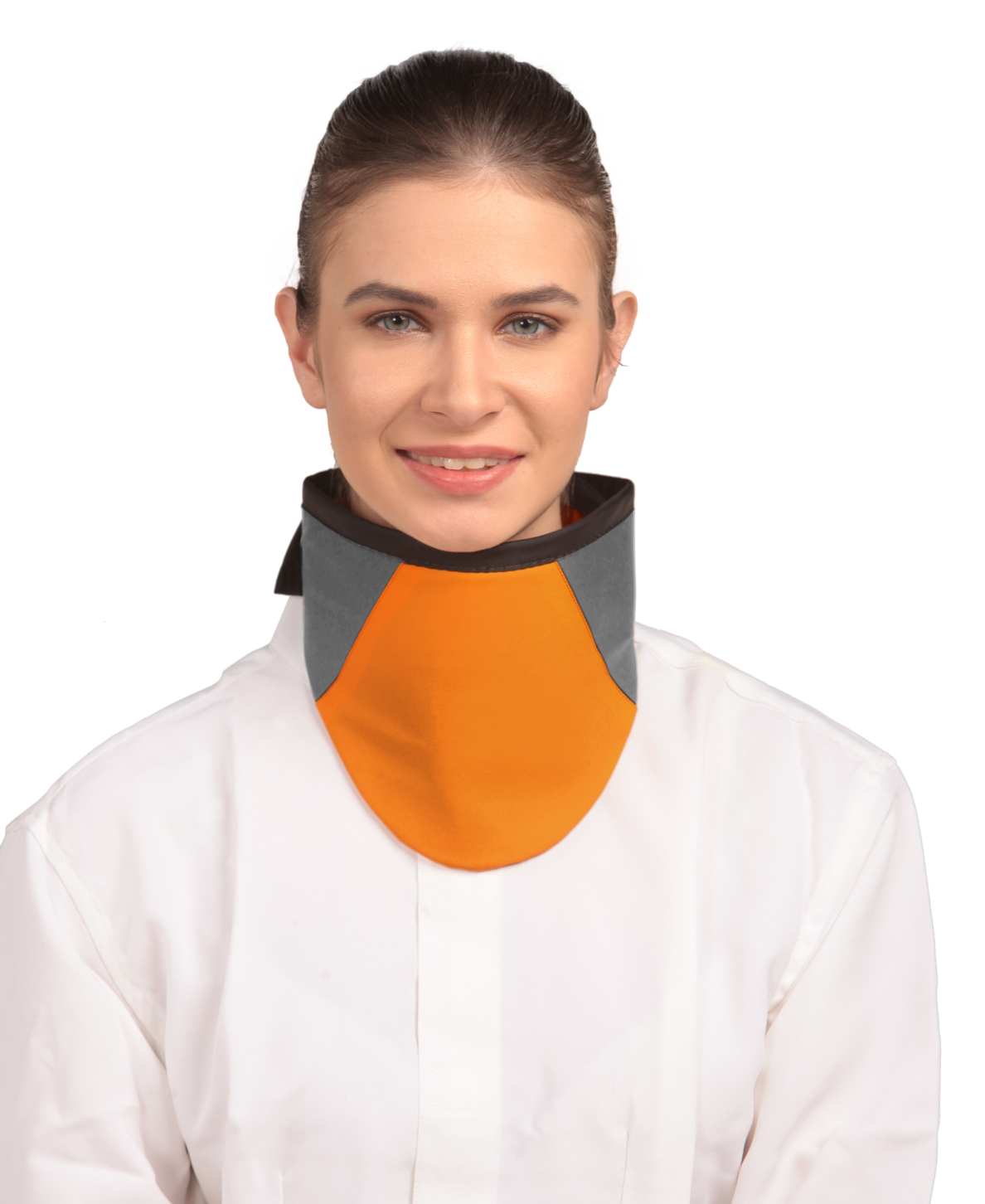 Frontal view of a model wearing a high-neck thyroid collar. The thyroid collar is tangerine with grey color accents by the left and right sides from top to bottom.