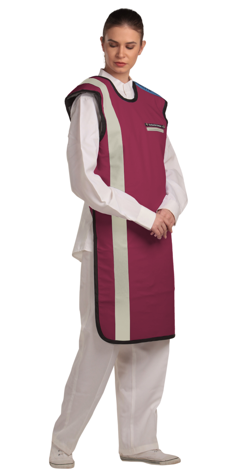 Right partial frontal view of a female model wearing a bordeaux red, beige-lined coat apron with flex back.