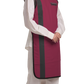Right partial frontal view of a female model wearing a bordeaux red, black-lined coat apron with flex back.