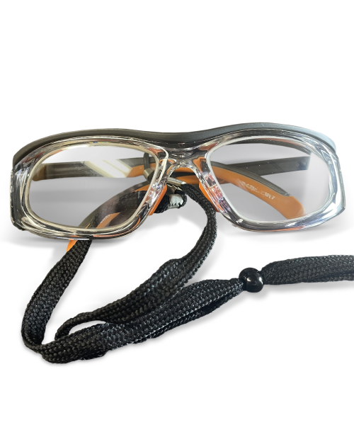 Frontal view of a black frame aviator radiation protection eyewear with robes attached to the frames. 