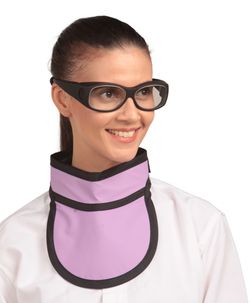 Side frontal view of a model wearing thick black-framed fit over radiation protection eyewear.