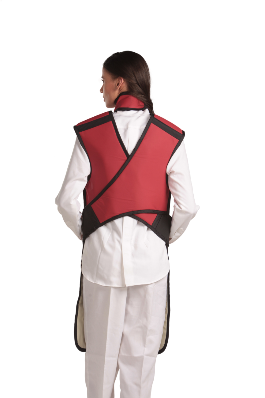 Full back view of a female model wearing a Bordeaux red coat apron with flex back and an integrated thyroid guard. 