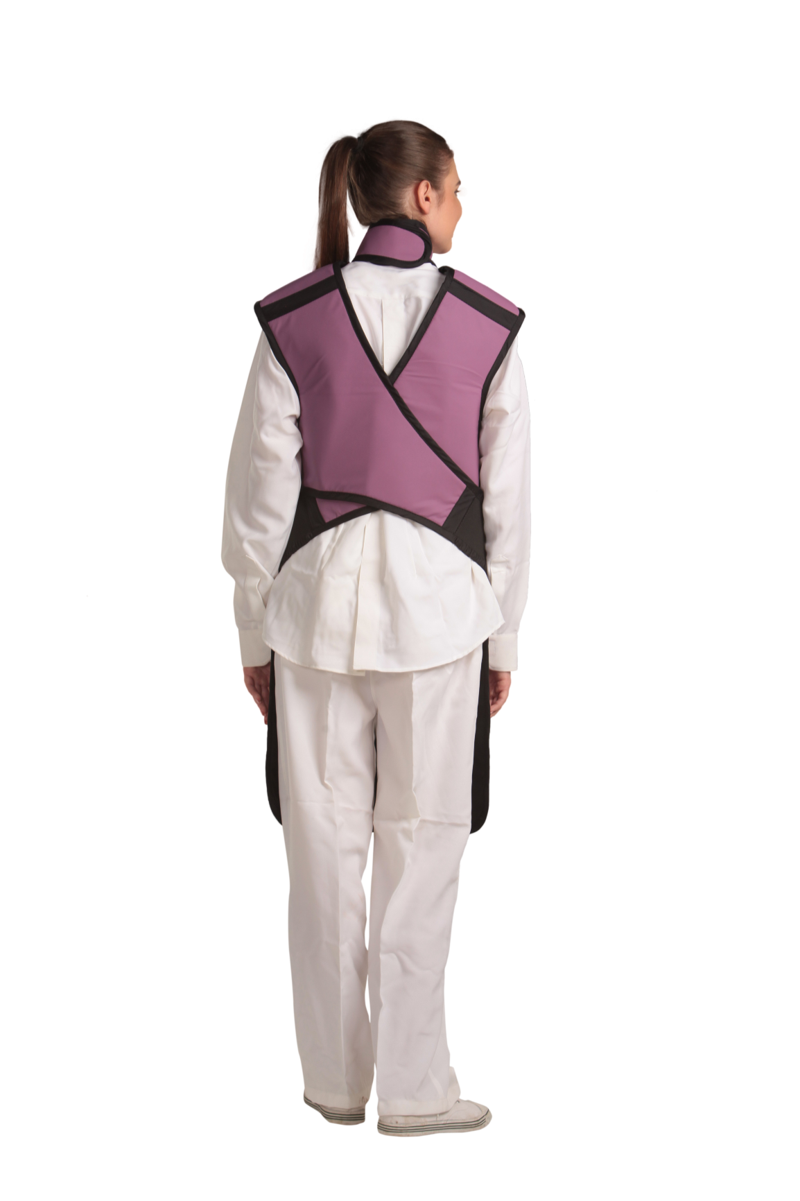 Back view of a female model wearing a mauve coat apron with a flex back and an integrated thyroid guard.