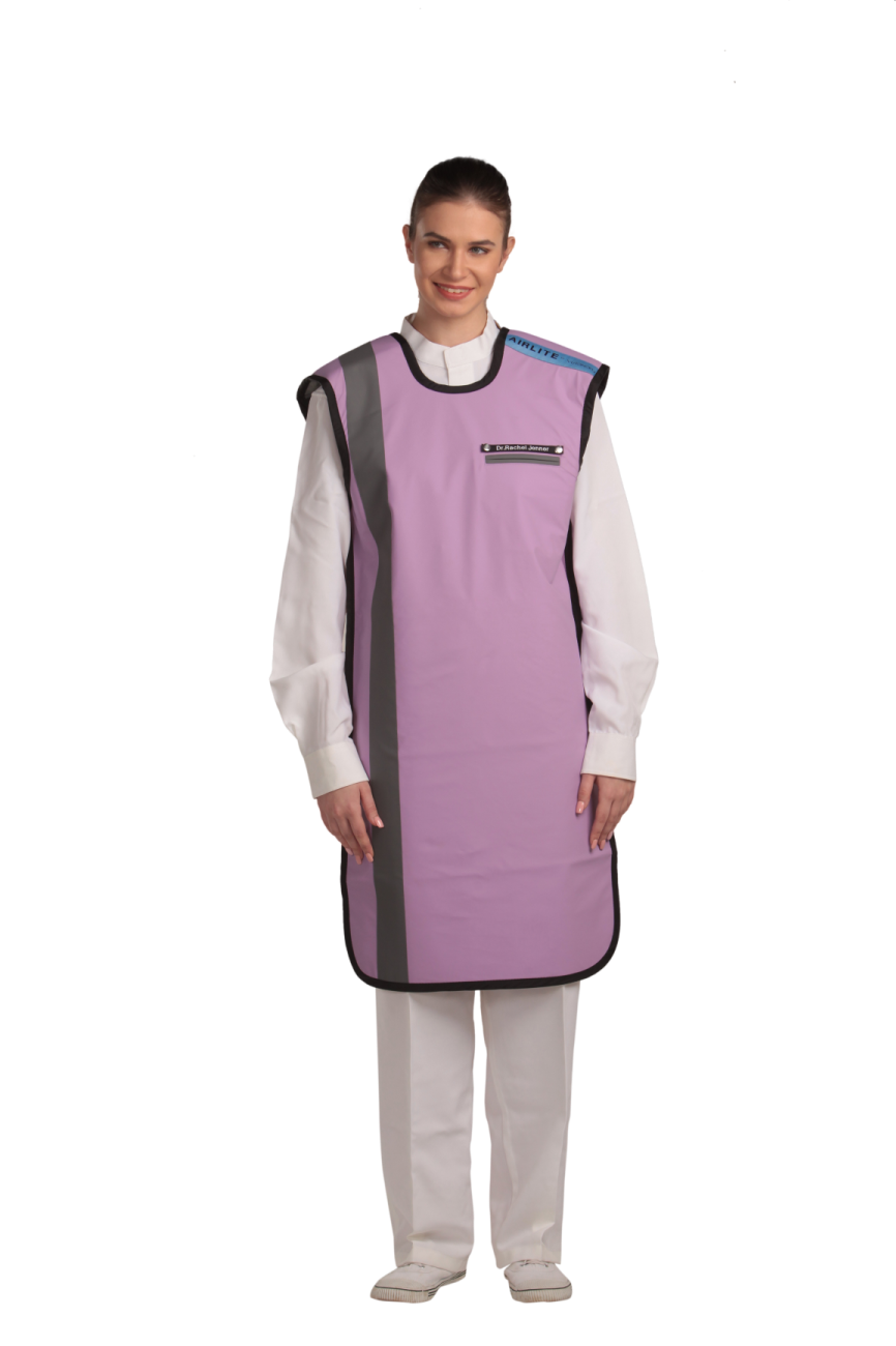 Front view of a female model wearing a lilac coat apron with flex back.