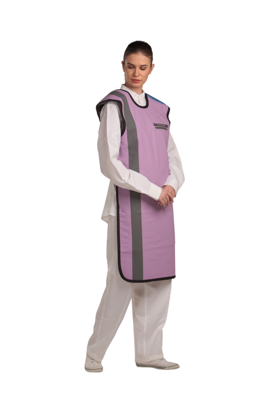 Right partial frontal view of a female model wearing a lilac coat apron with flex back.