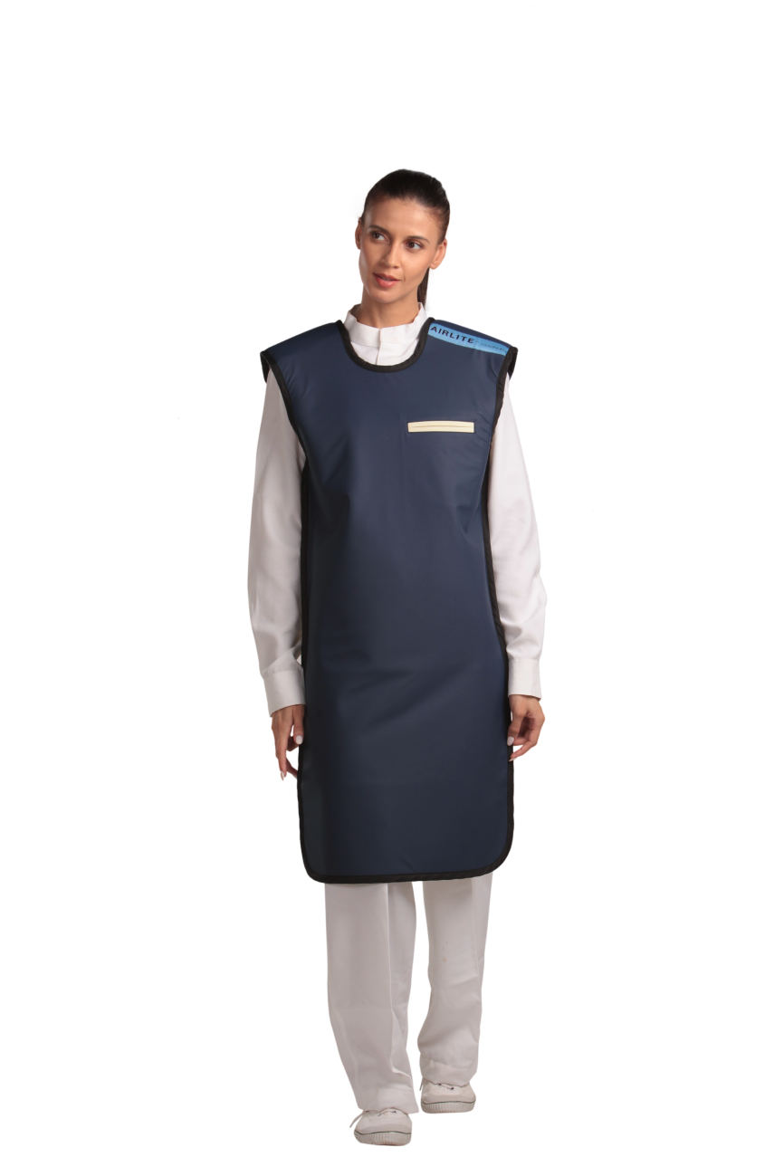 A full frontal view of a female model wearing a navy blue, beige-lined coat apron with flex back.