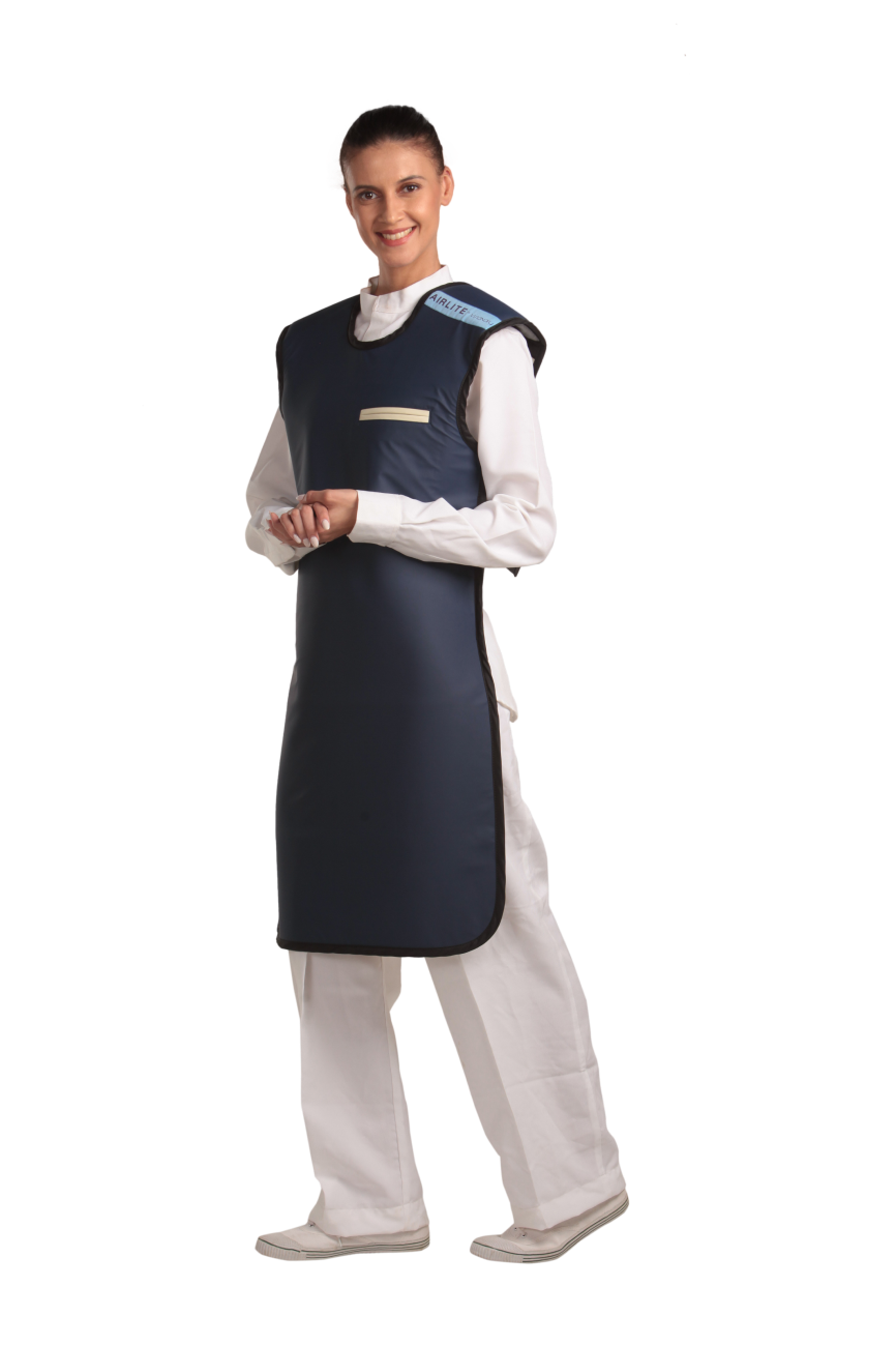 A partial frontal view of a female model wearing a navy blue, beige-lined coat apron with flex back. Her hands are clasped below her chest