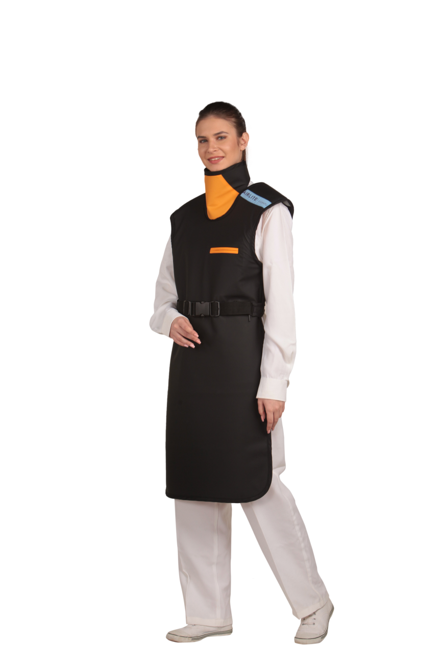 A left-side frontal view of a female model wearing a black, orange-lined coat apron with integrated thyroid guard. The apron's paracord buckles are fastened to the front.
