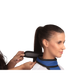 Right side view of a female model wearing a blue thyroid collar “Slim” with black lines around the edges, and a velcro fastener of the collar being fastened at the back..