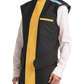 Frontal left-side view of a female model wearing a coat apron with an integrated thyroid guard. The apron is jet black with a yellow-colored center line and has velcro fasteners by the sides.