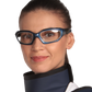 Frontal view of a model wearing thick black-framed radiation protection eyewear.