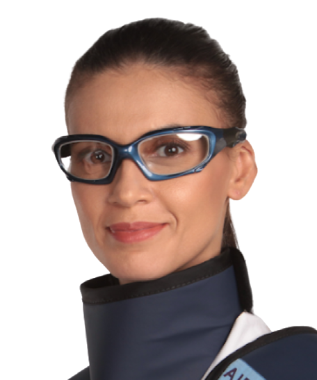 Frontal view of a model wearing thick black-framed radiation protection eyewear.