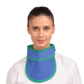 Frontal view of a female model wearing a royal blue thyroid collar “Slim” lined with ocean green color around the outer edges.