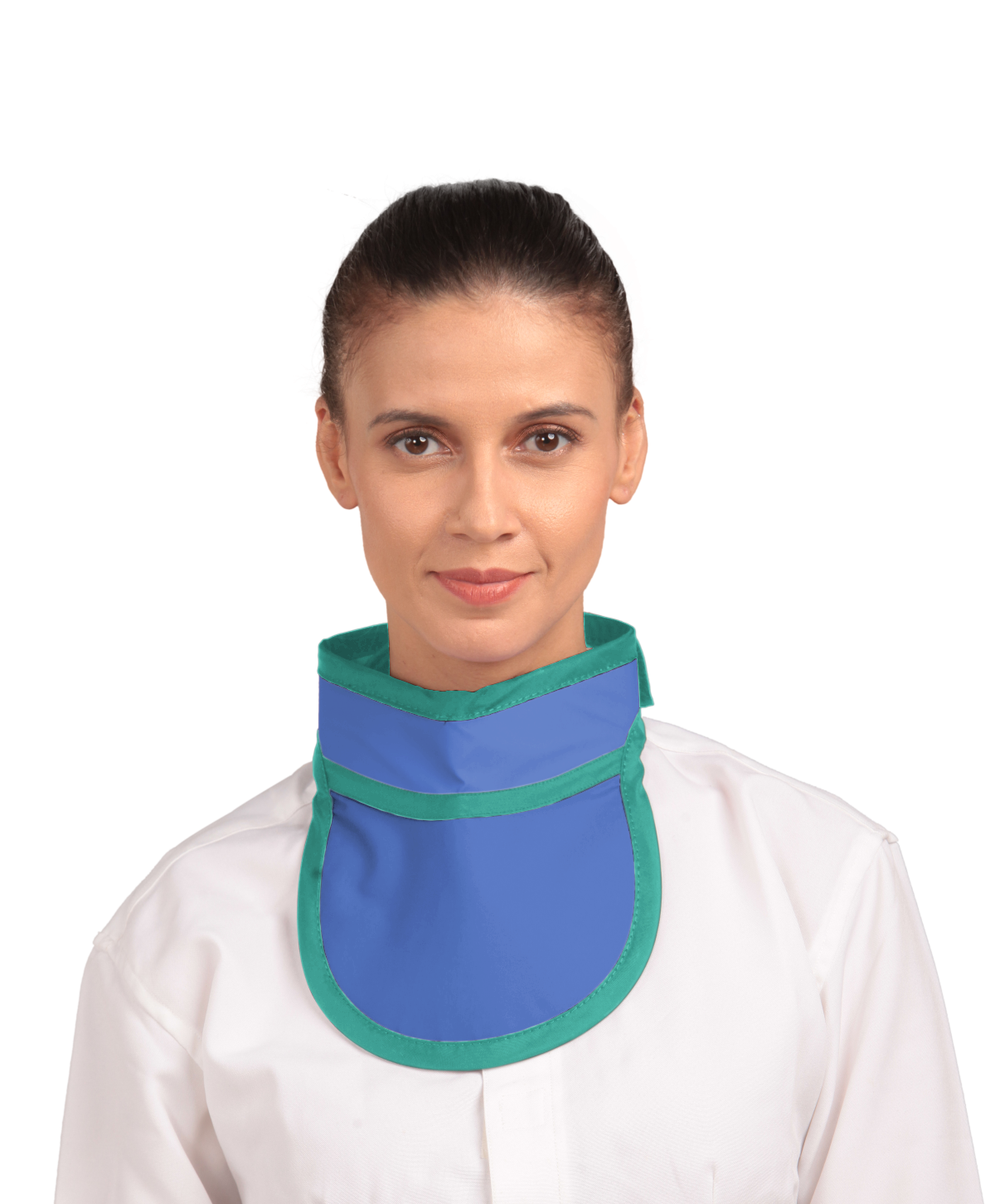 Frontal view of a female model wearing a royal blue thyroid collar “Slim” lined with ocean green color around the outer edges.