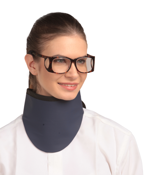 Side frontal view of a model wearing a radiation protection eyewear.