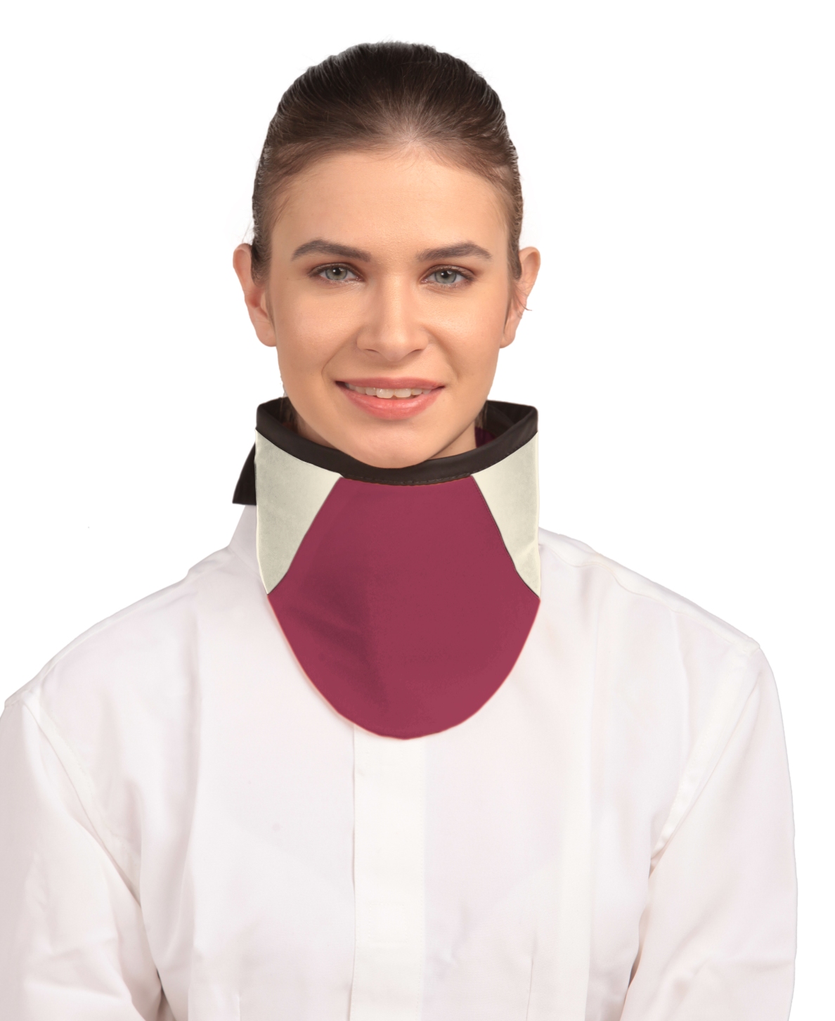 Frontal view of a model wearing a high-neck thyroid collar. The thyroid collar is Bordeaux red with beige color accents by the left and right sides from top to bottom. 