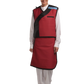Full frontal view of a female model wearing a Bordeaux red radiation protection skirt and vest. The vest is Bordeaux red with black lines around the left edge.