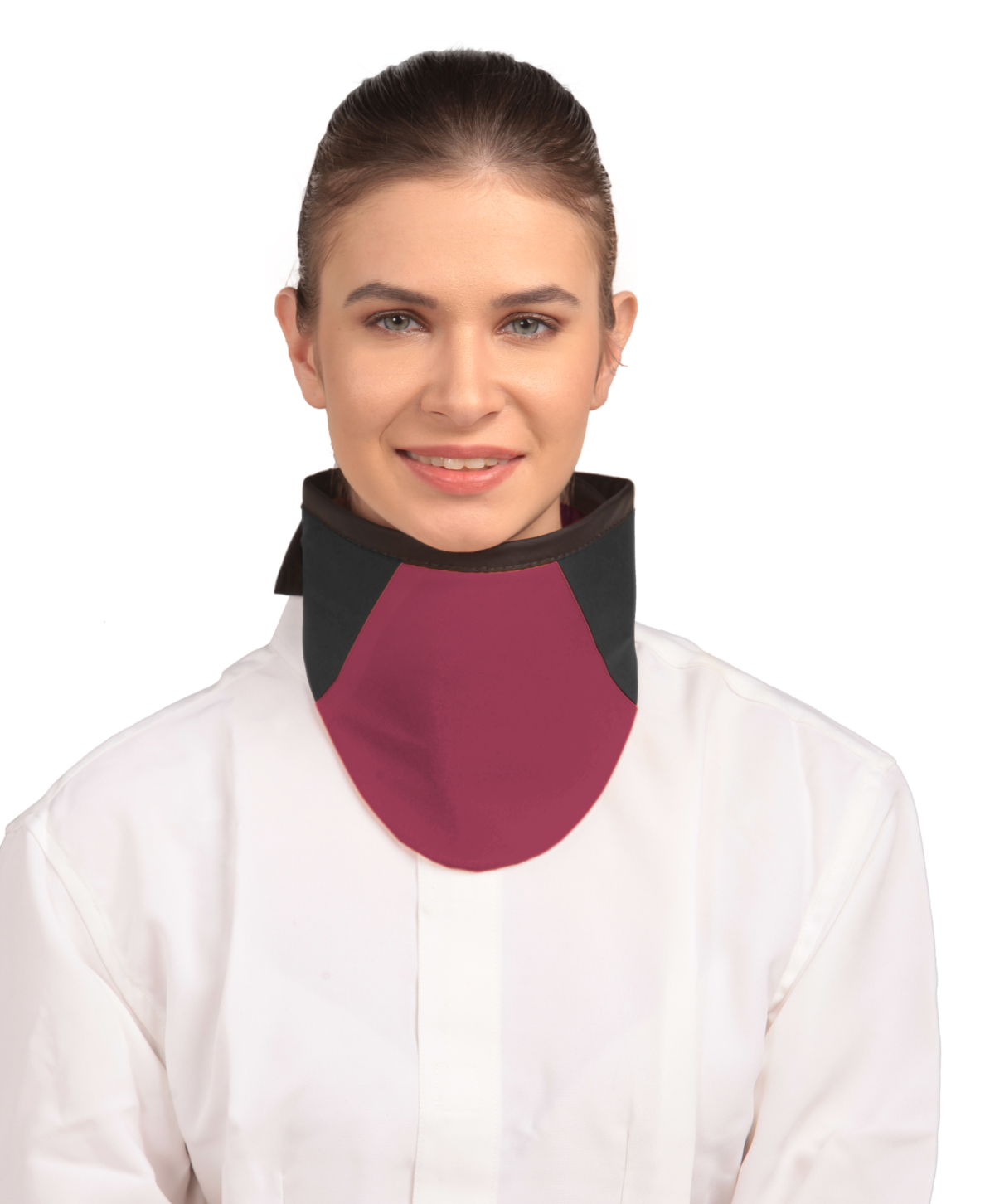 Frontal view of a model wearing a high-neck thyroid collar. The thyroid collar is Bordeaux red with black color accents by the left and right sides from top to bottom. 