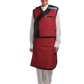 Full frontal view of a female model wearing a Bordeaux red radiation protection skirt and vest. The vest is Bordeaux red with black lines around the left edge. 