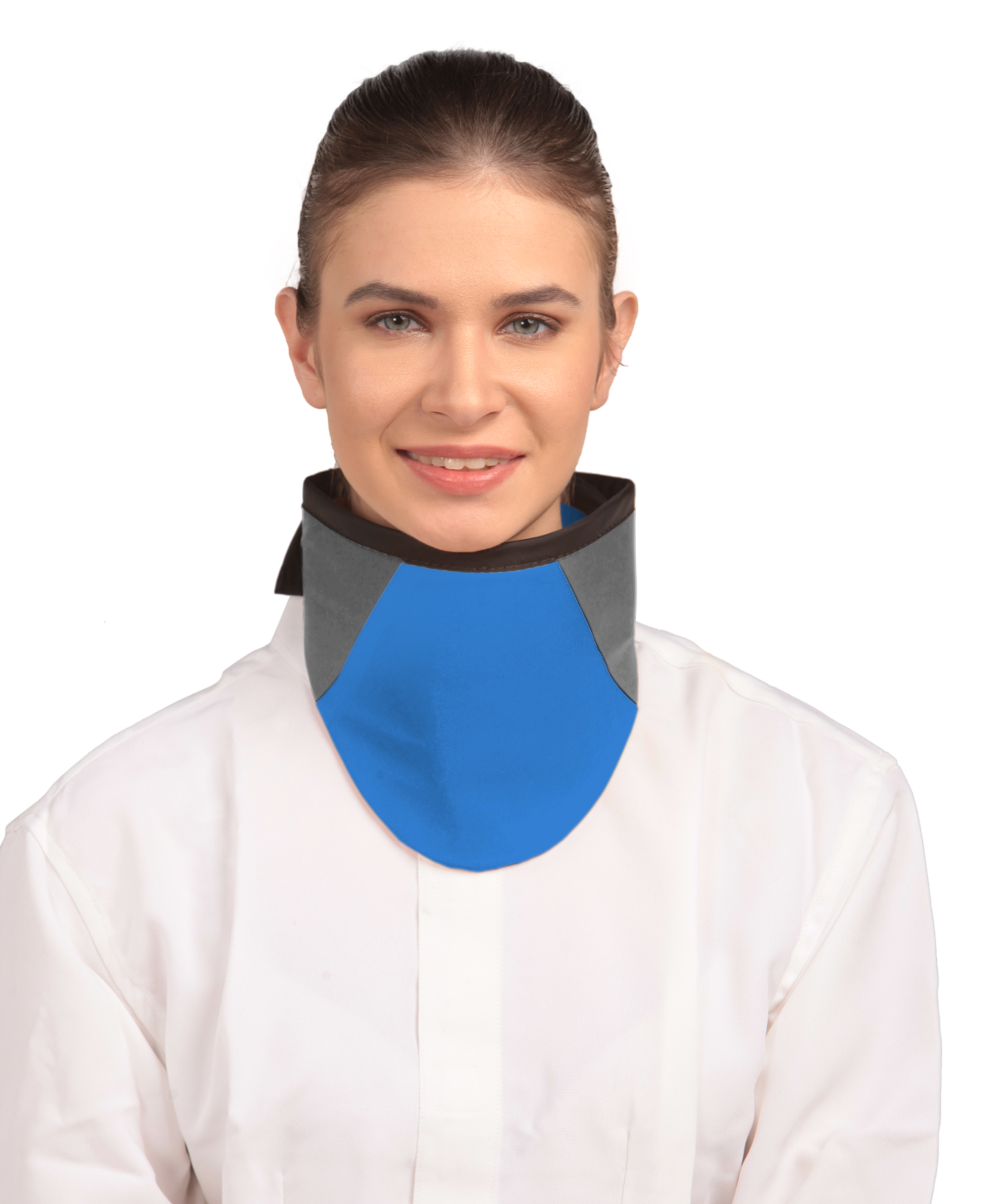 Frontal view of a model wearing a high-neck thyroid collar. The thyroid collar is Electric blue with grey color accents by the left and right sides from top to bottom. 
