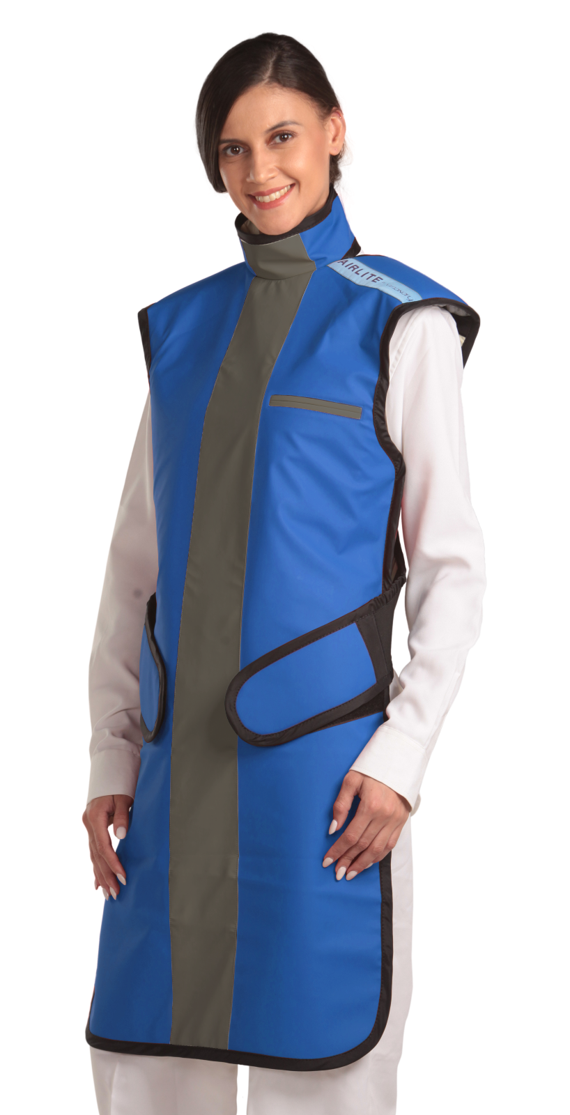 Frontal left-side view of a female model wearing a coat apron with an integrated thyroid guard. The apron is electric blue in color with a grey center line and has velcro fasteners by the sides.