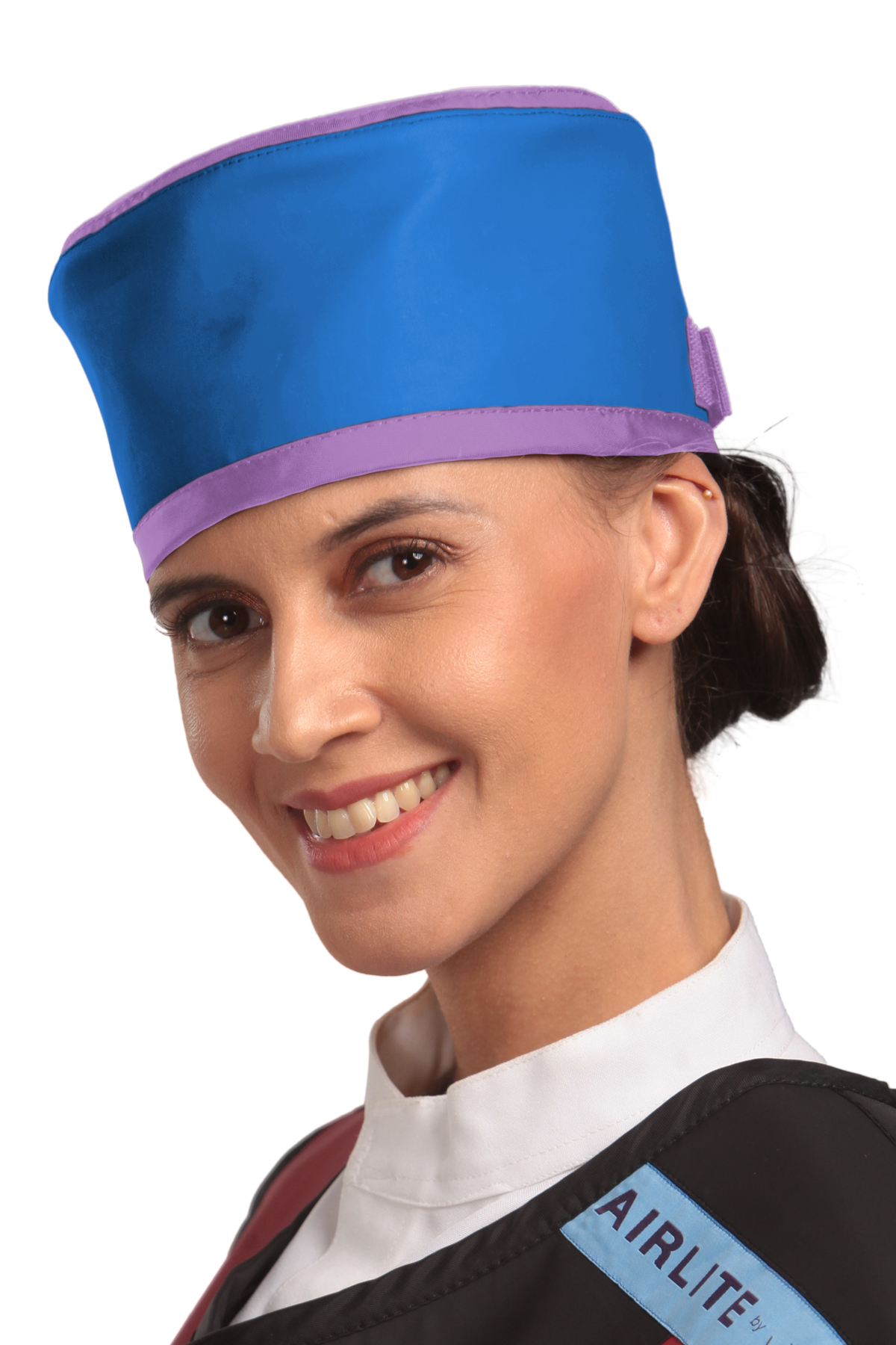 Up-close left-side frontal view of a female model wearing a radiation protection head shield. The head shield is Electric blue with lilac-colored lines around the lower and upper edges.