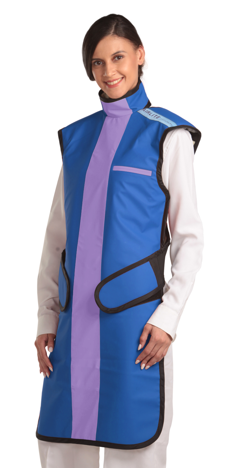 Frontal left-side view of a female model wearing a coat apron with an integrated thyroid guard. The apron is electric blue in color with a lilac center line and has velcro fasteners by the sides.