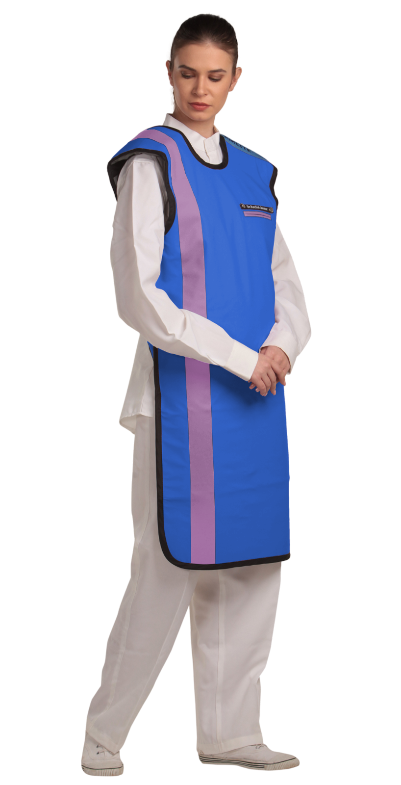 Right partial frontal view of a female model wearing an electric blue, black-lined coat apron with flex back.