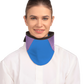 Frontal view of a model wearing a high-neck thyroid collar. The thyroid collar is Electric blue with lilac color accents by the left and right sides from top to bottom. 
