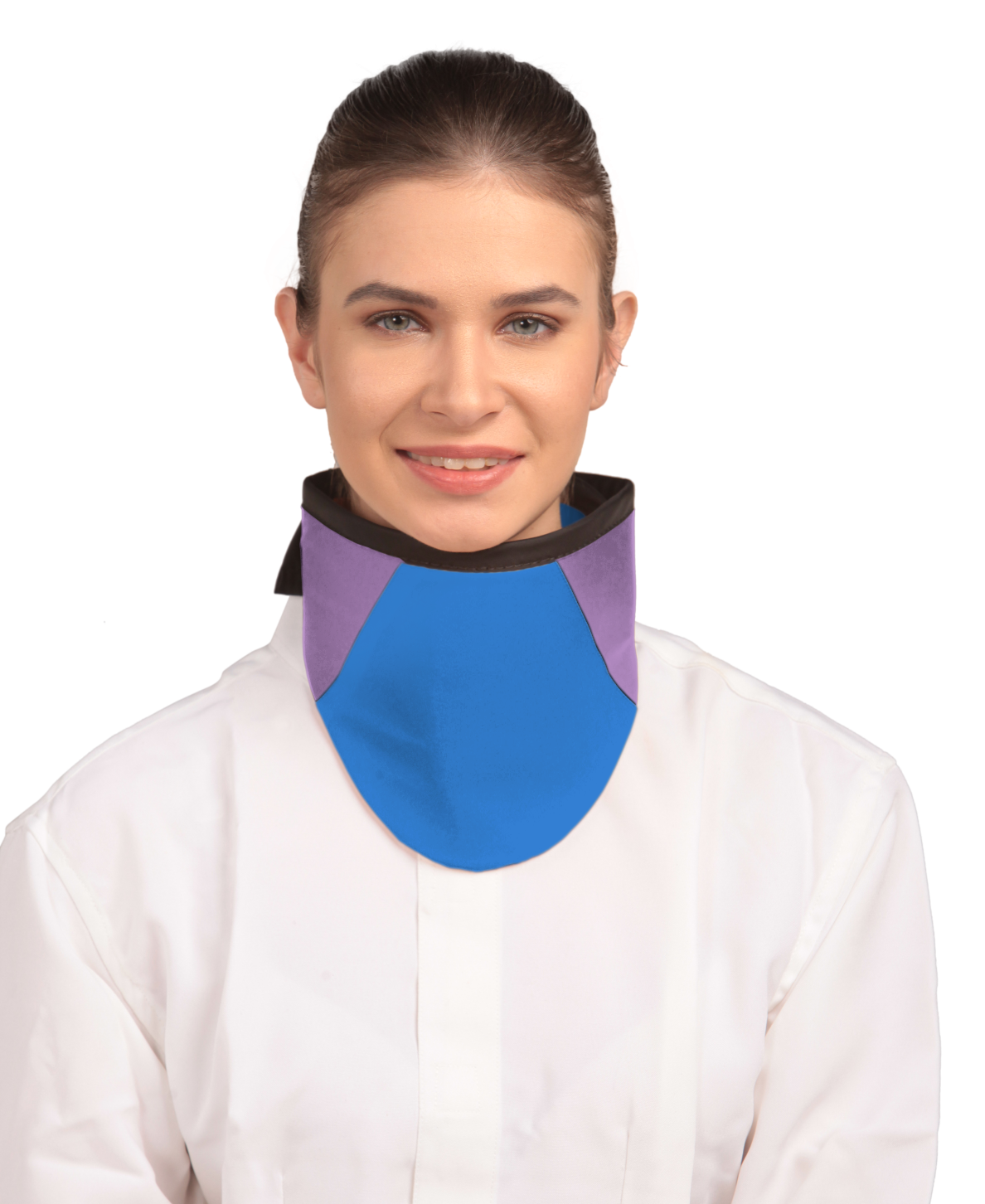 Frontal view of a model wearing a high-neck thyroid collar. The thyroid collar is Electric blue with lilac color accents by the left and right sides from top to bottom. 